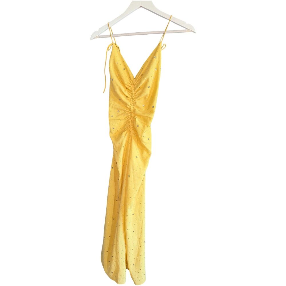 Sandro Praline Rhinestone Maxi Dress Yellow Plunge V-Neck Crossover Strap Sz 38 - Picture 8 of 15